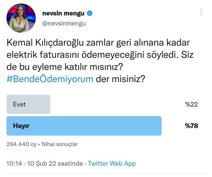 Nevşin % 22

#ErdoğanınYanındayım % 78.

Yine olmadı Nevşin.