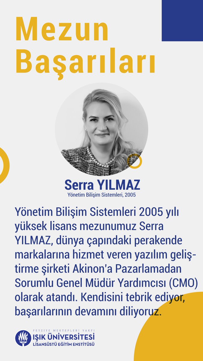 Mezunlarımızın başarıları bizi gururlandırıyor. Yönetim Bilişim Sistemleri mezunumuz Serra Yılmaz'ı tebrik ederiz.