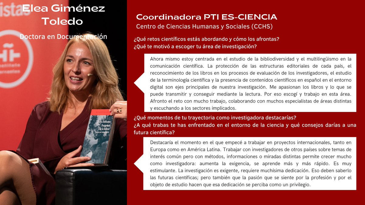 👧Elea Giménez, coordinadora de la #PTI <a href="/ESCiencia_CSIC/">ES-CIENCIA CSIC</a> e investigadora en <a href="/CCHS_CSIC/">Ciencias Humanas y Sociales (CCHS - CSIC)</a> destaca que “la pasión que se siente por la profesión y por el objeto de estudio hacen que esa dedicación se perciba como un privilegio”.
#MujeresEnCiencia #11F #LeadersInScience #WomeninScience
