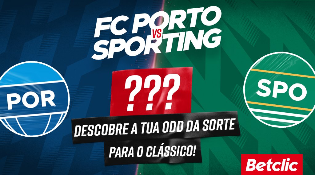 FC Porto e Sporting jogam o clássico nesta sexta-feira e se a odd da sorte se realizar, ficas habilitado ao sorteio de 10€ em Freebets para 10 pessoas!

- Dá RT
- Comenta com #ClássicoBetclic + Username Betclic

1 comentário por utilizador.
Passatempo termina às 20h00 de sexta.