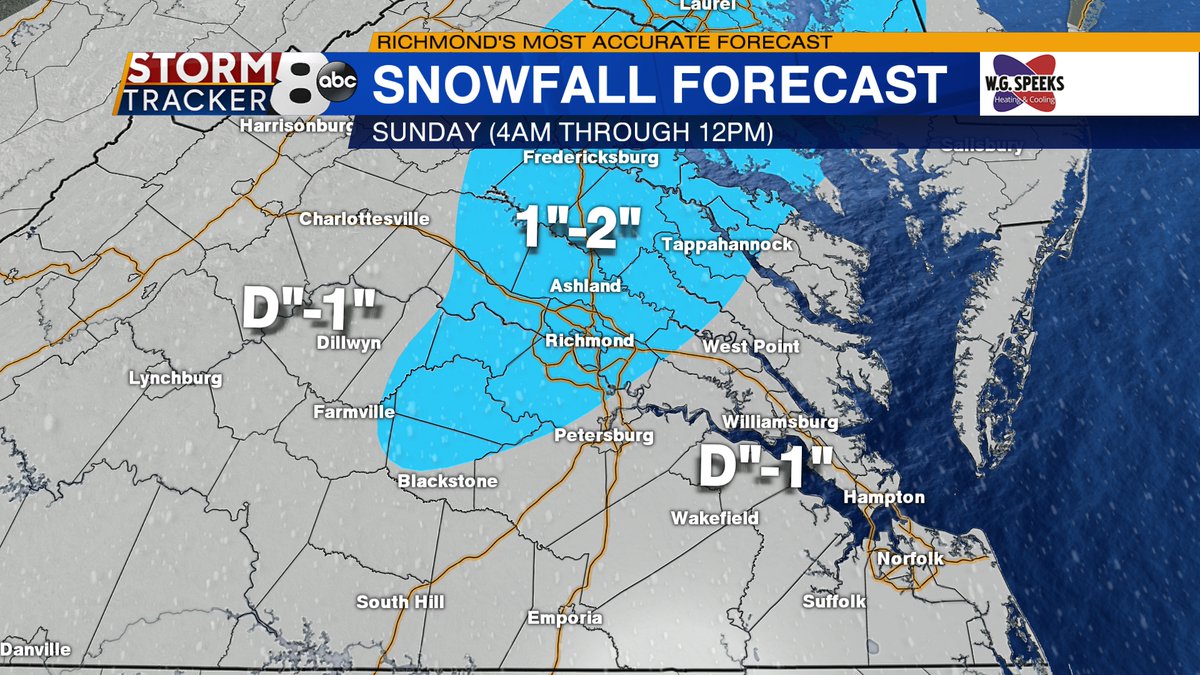 8NewsWeather's tweet photo. Here is a look at the snowfall forecast for Central Virginia for Sunday as the arctic front moves through.  Timing is from 4am through Noon. 
Full forecast https://t.co/y34AjdOgzo #RVA #RVAWX #8News https://t.co/m8lbuu1dUE