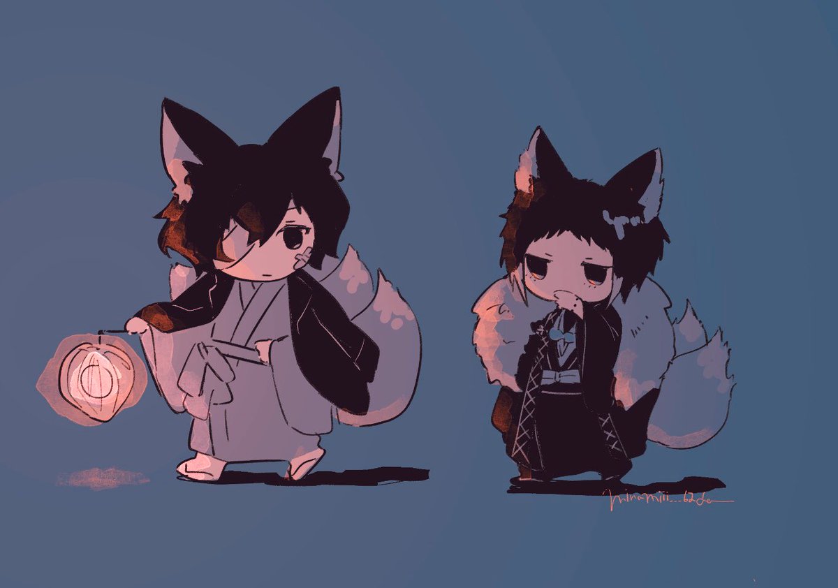 multiple boys 2boys japanese clothes animal ears tail male focus fox tail  illustration images