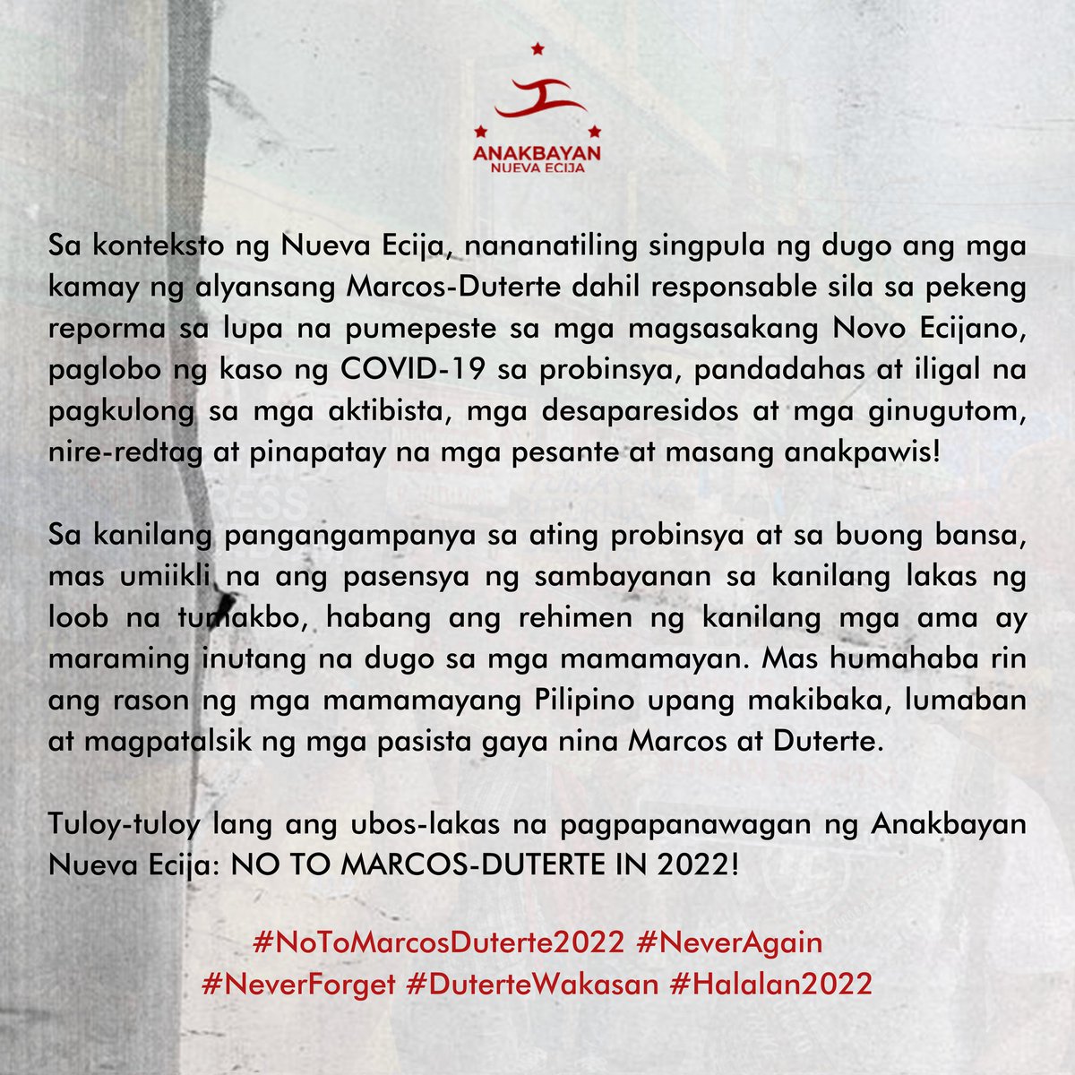anakbayan_ne's tweet photo. BERDENG BERGUDO, 'WAG DITO SA ERYA NG MGA NOVO ECIJANO!

Sa pagdating ng anak ng berdugo't pasistang si Sara Duterte sa probinsya ng Nueva Ecija, tuloy-tuloy lang ang ubos-lakas na pagpapanawagan ng Anakbayan Nueva Ecija: NO TO MARCOS-DUTERTE IN 2022! https://t.co/tlwLmqjoc1