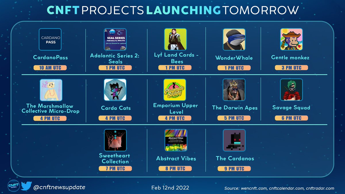🔥🚀 Tomorrow there are lots of choices. Show us what projects you're minting here 👇🤩
@cardanopass
<a href="/ADAlanticNFT/">ADAlantic 🌊✨| S2 Seals Drop is LIVE!</a> 
<a href="/LyfNft/">Lyf Land Cards | Cardano NFTs</a> 
@WonderWhaleNFT
<a href="/GentleMonkez/">Gentle Monkez | CNFT | MINTING IS LIVE!!!</a> 
<a href="/The_Mallow_Col/">The Marshmallow Collective | LIVE MINT</a>
<a href="/CardaCat/">CardaCats</a> 
<a href="/PlaymateSociety/">PlaymateSociety @ MATELAND</a>
<a href="/TheDarwinApes/">The Darwin Apes</a>
<a href="/SavageSquadCNFT/">SavageSquad l CNFT</a> 
<a href="/DeborahBerryPic/">💦 Deborah Berry - Liquid Art 💦💧</a> 
@Abstract_Cnft 
<a href="/TheCardanos/">The Cardanos</a>