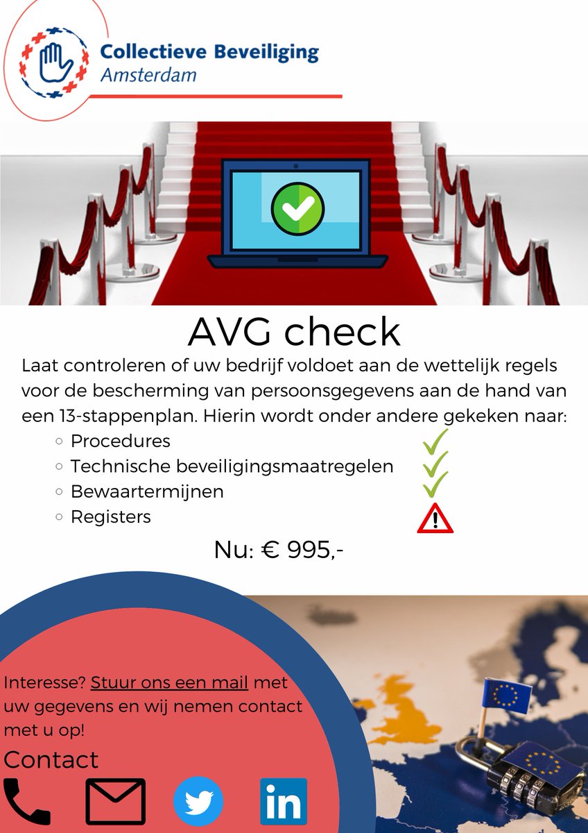 CBAmsterdam's tweet photo. SCBA breidt haar dienstverlening uit. Eén van onze nieuwe diensten is de AVG check. Gecontroleerd wordt of uw bedrijf voldoet aan de eigen van deze wet. Interesse? Neem contact op. https://t.co/RY1x6cmAqd