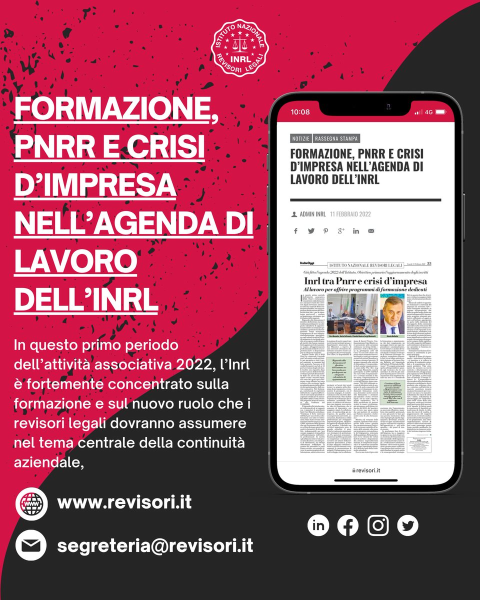 INRL1956's tweet photo. 📰 𝐅𝐨𝐫𝐦𝐚𝐳𝐢𝐨𝐧𝐞, 𝐏𝐍𝐑𝐑 𝐞 𝐜𝐫𝐢𝐬𝐢 𝐝'𝐢𝐦𝐩𝐫𝐞𝐬𝐚 𝐧𝐞𝐥𝐥'𝐚𝐠𝐞𝐧𝐝𝐚 𝐝𝐢 𝐥𝐚𝐯𝐨𝐫𝐨 𝐝𝐞𝐥𝐥'𝐈𝐍𝐑𝐋
.
🚀l’#INRL è fortemente concentrato sulla #formazione e sul nuovo ruolo che i #revisori legali dovranno assumere in tema della continuità aziendale. https://t.co/r8vk4jAo3B