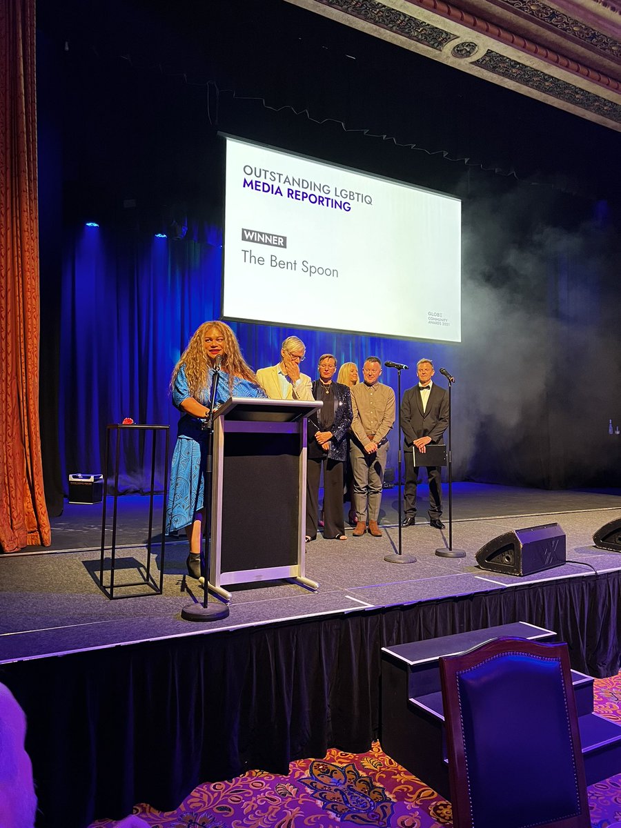 ThorneHarbour's tweet photo. And it’s a win for The Bent Spoon @ThorneHarbour w/ @misskatalyna tonight @GLOBEMEL 2021 Community Awards with the 'Outstanding LGBTIQ Media Reporting Award’ https://t.co/21jD0QaER0