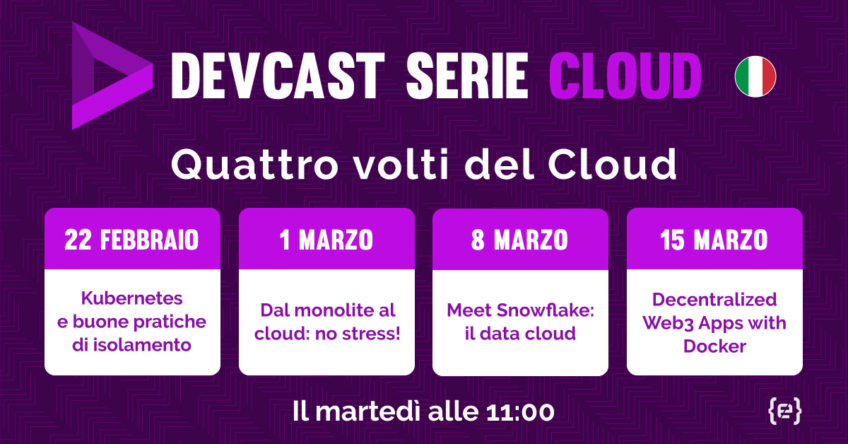 🚀 Nella prossima #DevCast serie voleremo altissimo, fin sulle nuvole! ☁️ Insieme a <a href="/GSantomaggio/">Gabriele Santomaggio</a>, <a href="/loige/">Luciano Mammino 𝕏 Node.js Design Patterns</a>, <a href="/Guenda_S/">Guenda Sciancalepore</a> e <a href="/FrancescoCiull4/">Francesco Ciulla</a> scopriremo i 4 volti del #cloud! Allacciate le cinture e registratevi subito alla serie: si parte il 22 febbraio! 👉  live.codemotion.com/devcast/quattr…