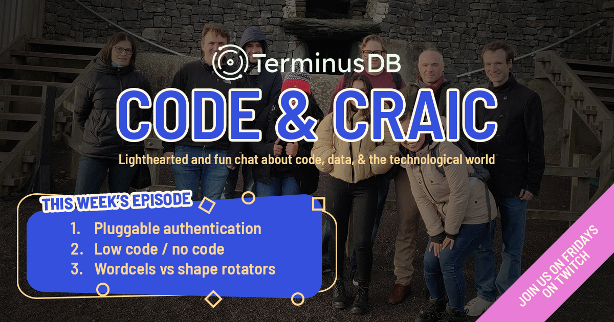 Join us for Code & Craic this afternoon at 2 pm (GMT) The topics we will cover are: 1. Pluggable authentication 2. Low code / No code 3. Wordcels vs. Shape Rotators Livestream on Twitch - hubs.li/Q013Z2nL0