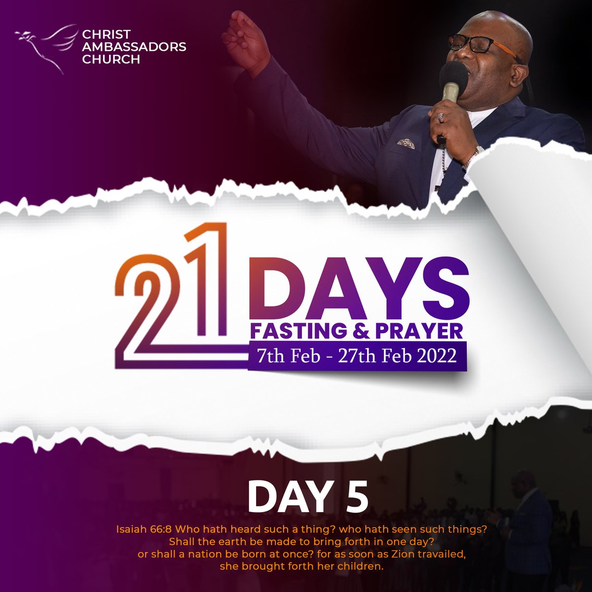 CacMiracleC's tweet photo. Day 5!!!
'The earnest prayer of a righteous person has great power and produces wonderful results.'
James 5:16
Come pray with Bishop @IdahPeterside at 12 noon to 1pm CAC. Invite your family & colleagues!
#21DayFastAndPrayer
#AriseAndShine
#Connect2Collect https://t.co/lJrabCHHjL