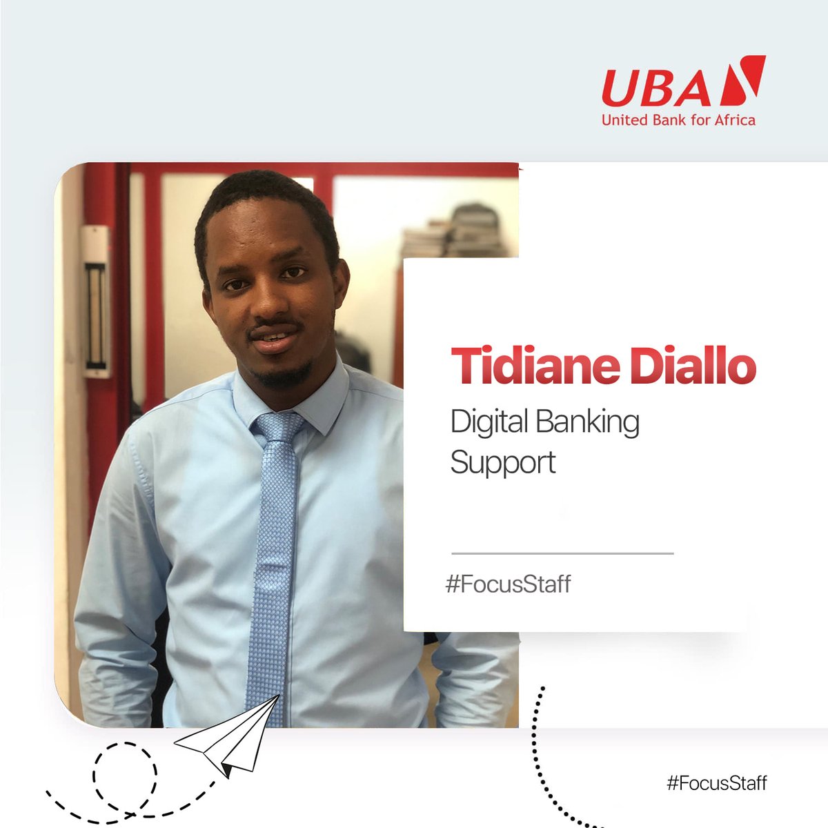 UBAGuinea's tweet photo. Nous sommes heureux d'acceuillir au sein de UBA Guinée, Tidiane Diallo qui occupe le poste de Digital Banking Support. 

Il a rejoint UBA Guinée le 15 Juillet 2021. 

Bienvenue dans la tribu!!!

#ThisIsUBA #CallItATribe #AfricasGlobalBank #FocusStaff https://t.co/HqS8g8ZfwQ