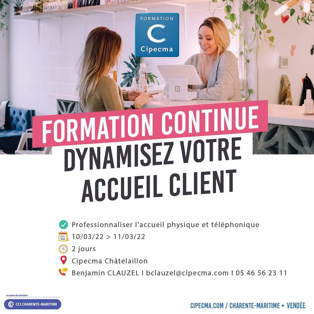 cipecma's tweet photo. #formationcontinue 
✅ Dynamisez votre #accueilclient !
📅 10/03 > 11/03
🔸 Analyser la demande, le besoin, orienter, guider, informer
🔸 Donner des informations fiables, cohérentes et pertinentes
🔸 Prévenir, réduire et gérer les tensions
✉️ bclauzel@cipecma.com https://t.co/l0tMfXSFl1