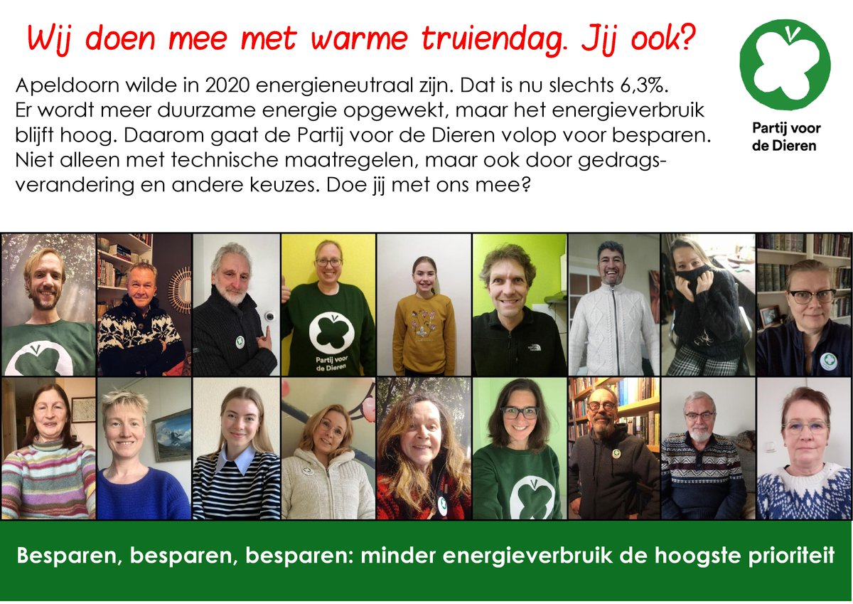 Vandaag is het <a href="/Warmetruiendag/">Warmetruiendag</a>. Een dag waarop energiebesparing alle aandacht krijgt. Heel belangrijk vindt @PvdDApeldoorn. Doe je ook mee? youtu.be/u1OV2D7uE5E