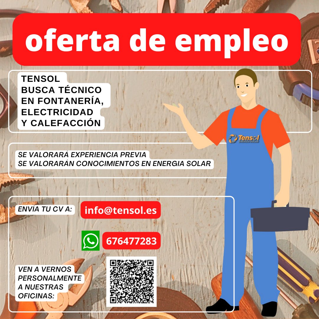 TensolE's tweet photo. 👨‍🔧 OFERTA DE EMPLEO:

Tensol Energías Renovables busca TÉCNICO EN FONTANERÍA, ELECTRICIDAD Y CALEFACCIÓN para incorporación INMEDIATA.
Puedes enviar tu CV a:
💻 info@tensol.es
📲  por whatsapp al 676 477 283
Ven a vernos: https://t.co/asiHI4KeV0 https://t.co/jv7syK0f5Y