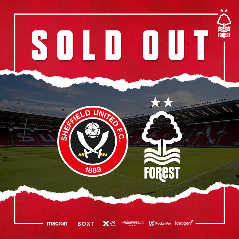 NFFC's tweet photo. 🤩 𝗦𝗢𝗟𝗗 𝗢𝗨𝗧

👏 The Reds' away allocation for Sheffield United has now sold out

❤️ Thank you for your magnificent support

🌳🔴 #NFFC