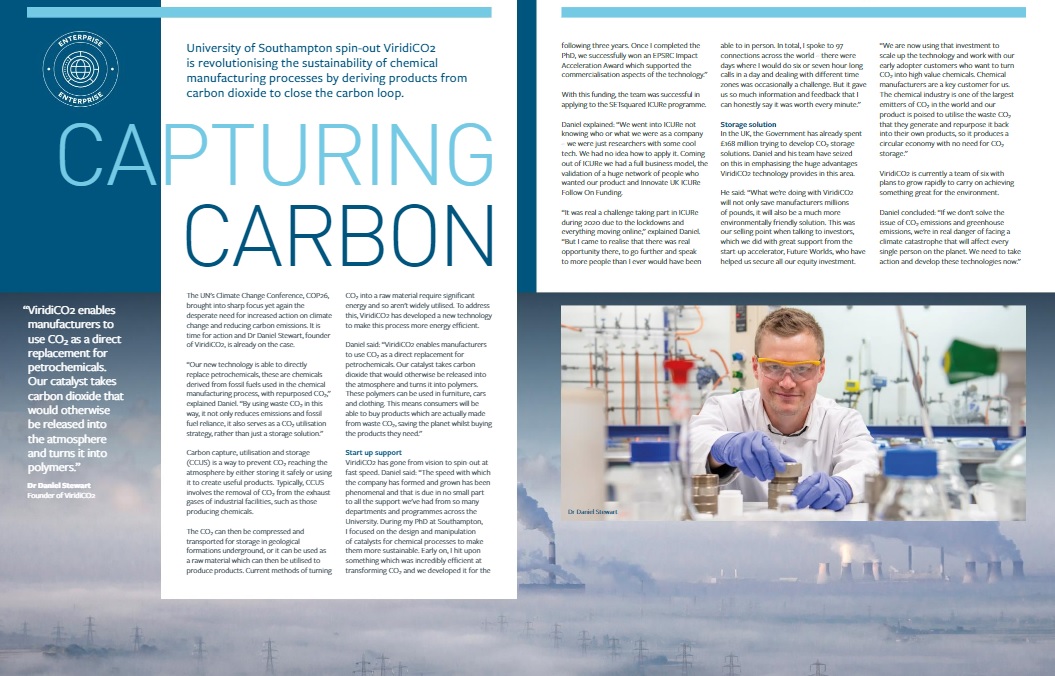 <a href="/ViridiCo2/">ViridiCO2 Ltd.</a> is closing the carbon loop by revolutionising the #sustainability of chemical manufacturing processes.
The company is a spin-out from <a href="/unisouthampton/">University of Southampton</a>.
Find out more about its trailblazing work here: 
issuu.com/university_of_…