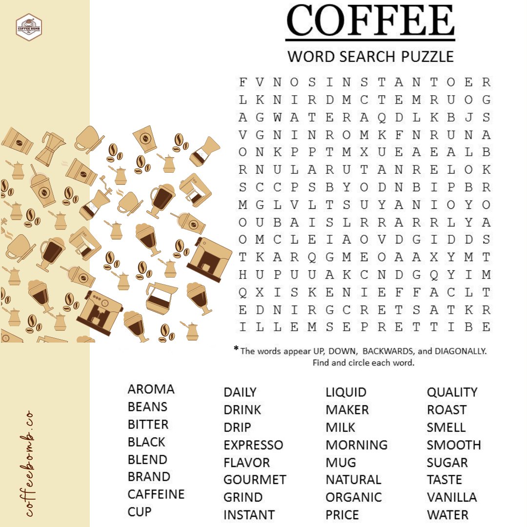 CoffeeBombCo's tweet photo. Fun coffee game!
📱 Take screenshot of the image
🖊 Circle/underline the words
📩 DM us the screenshot
Share with coffee lovers☕
#coffeegame #wordpuzzle #coffeeaddicted #coffee #wordgame #coffeetime #coffeebreak #coffeebreakfast #coffeebombco https://t.co/EKpbl9xW59