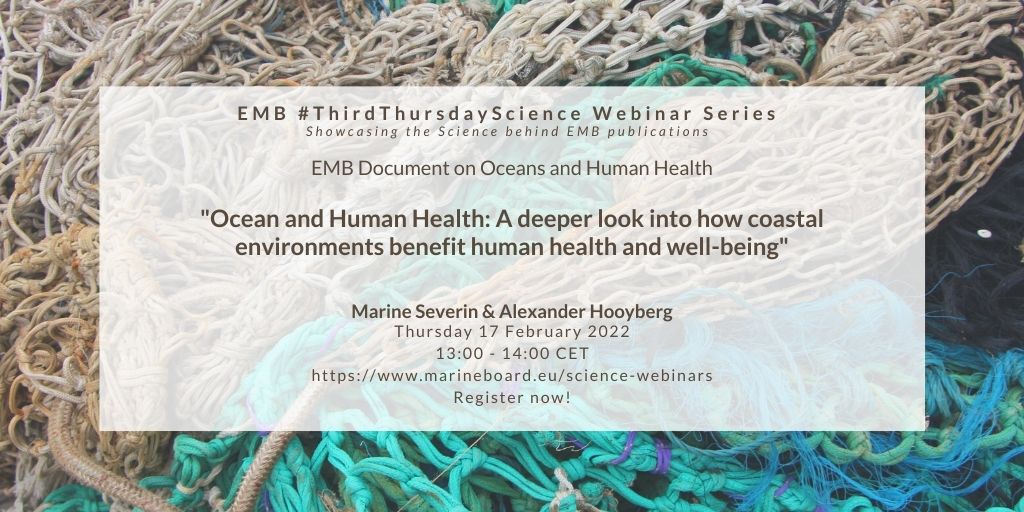 EMarineBoard's tweet photo. Coming up next Thursday: Our #ThirdThursdayScience webinar on #OceanandHumanHealth and how #coastal environments benefit human #health and #wellbeing with Alexander Hooyberg @alex_hooyberg and Marine Severin @marine_sev96 from @jmeesvliz! Register here: https://t.co/9zeRFaZgEw https://t.co/5oSeYOI3NP