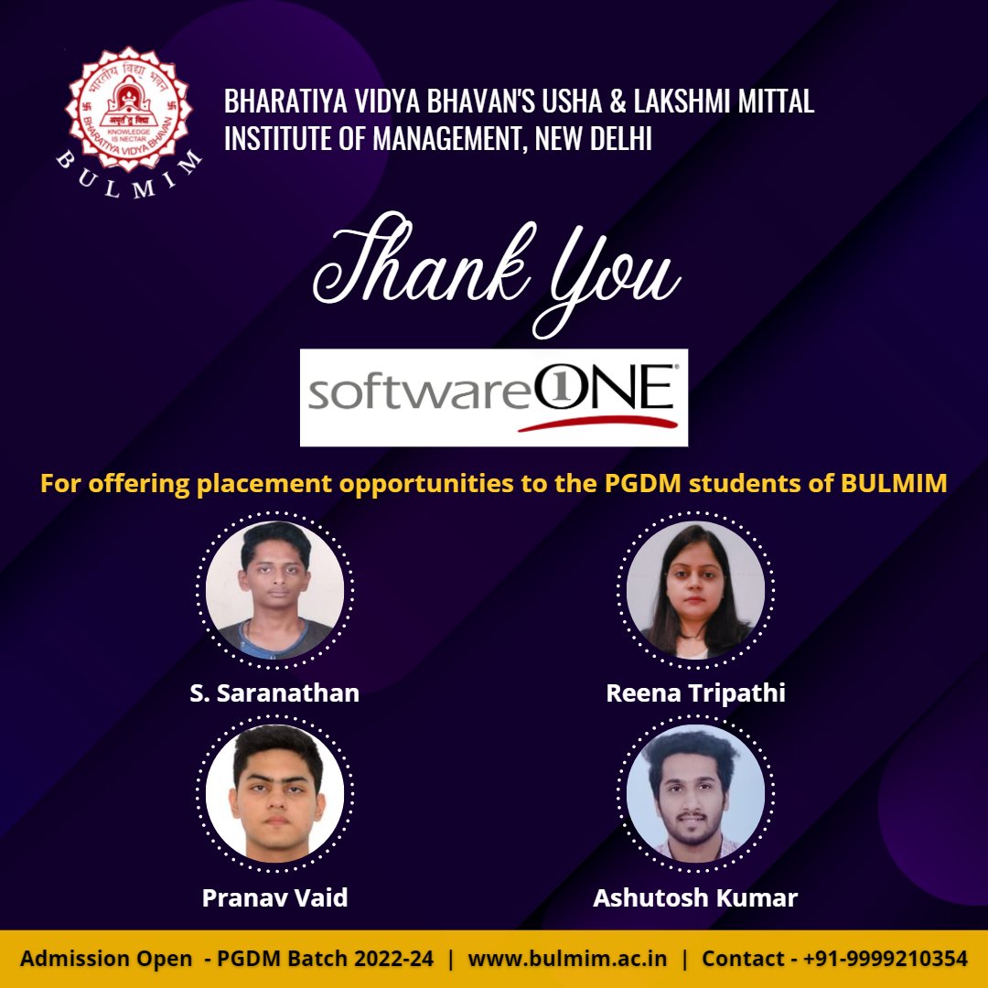 BULMIMPLACEMENT's tweet photo. A big thanks to the SoftwareONE team for selecting 4 PGDM students of BULMIM and contributing once again to yet another highly successful Campus Placement Season. All the very best to all the BULMIM students.
#students #team #BULMIM #SoftwareONE #Placement #PGDM #campusplacement https://t.co/YPGDSBmDbb