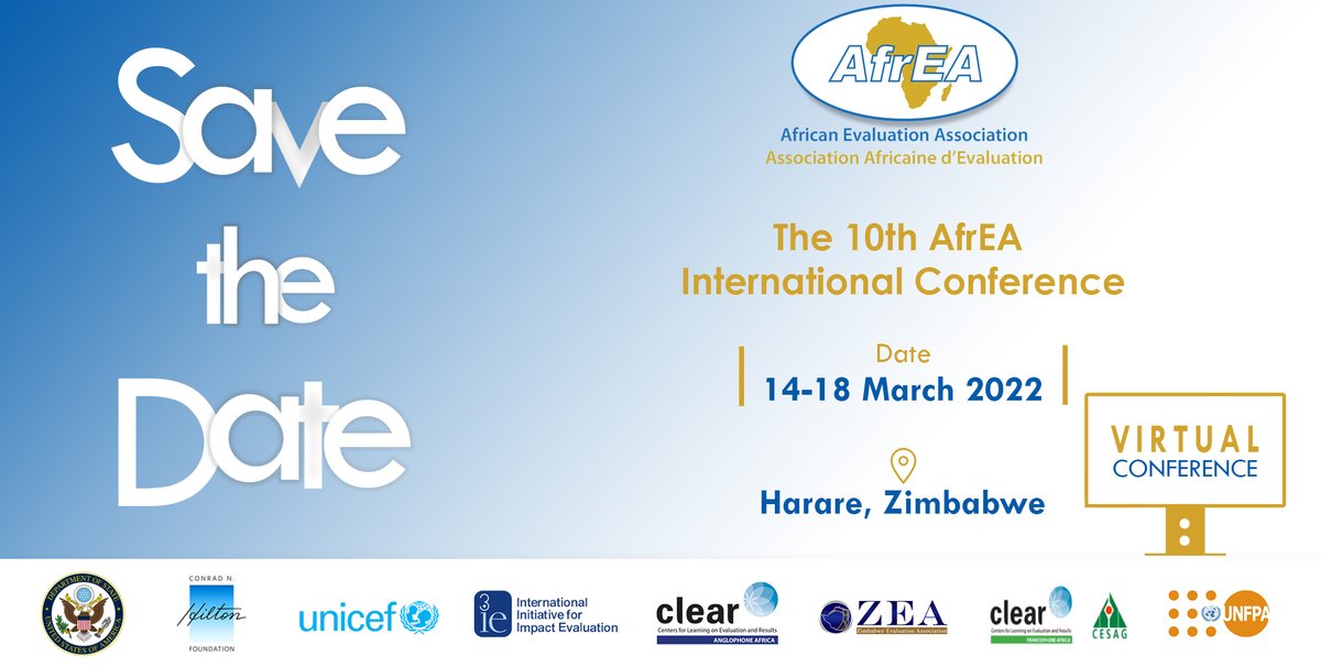tweet_afrea's tweet photo. The 10th AfrEA International Conference will be completely virtual.
From 14-18, March and will be hosted by Zimbabwe Evaluation Association (ZEA) with online Professional Development Workshops.
 Visit https://t.co/hPQS2ZEiwI
Contact: conference2021@afrea.org

@UNICEF https://t.co/09zqHuZ6FX