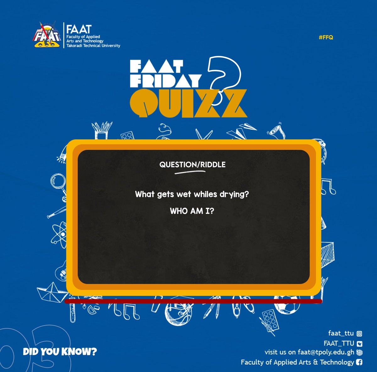 FAAT_TTU's tweet photo. Hello there......we are back again...It's the Faat Friday Quiz..
Riddle of the day...
Send your answers with the hastag 
#FFQ https://t.co/YvEPHNNgaK