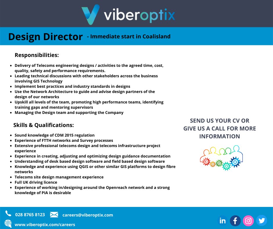 We are recruiting a Design Director to lead our design team

An exciting opportunity to lead the company in shaping the telecoms design across Northern Ireland and the UK 🙌

Visit: viberoptix.com/careers for full description
Call us: 028 8765 8123
