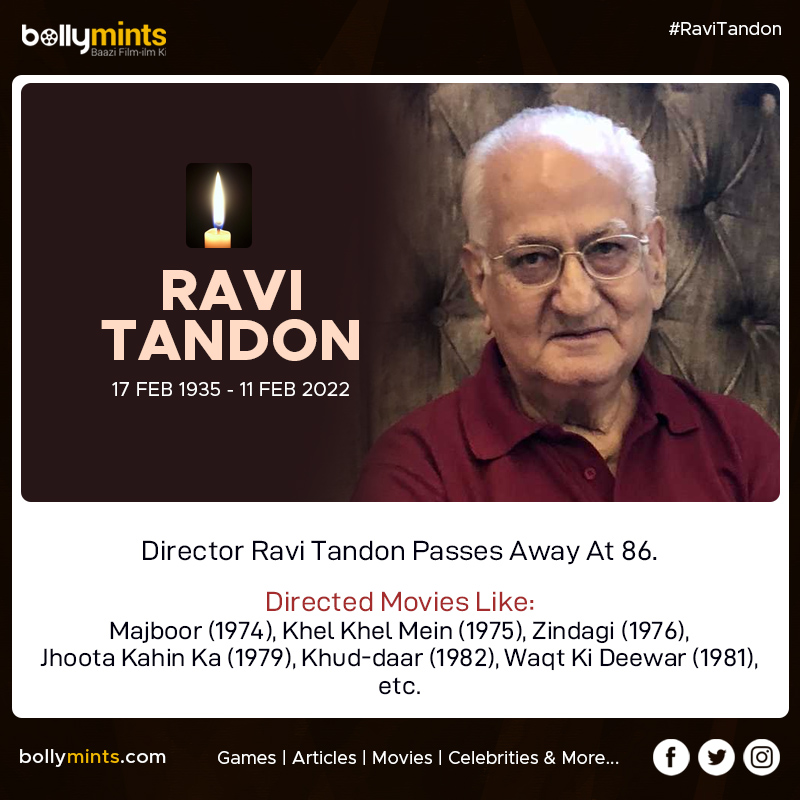 #Director #RaviTandon Passes Away At 86.
#OmShanti #RIP #RIPRaviTandon #RaveenaTandon #RajivTandon