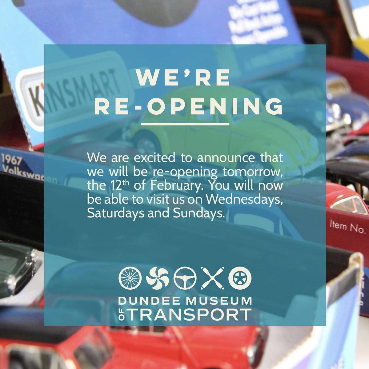 We are excited to announce that we will be re-opening tomorrow, the 12th of February. You will now be able to visit us on Wednesdays, Saturdays and Sundays. Pop on down to see our new ‘Cars, COP26 and The Climate Crisis’ exhibition and an exciting display of 1990’s cars.