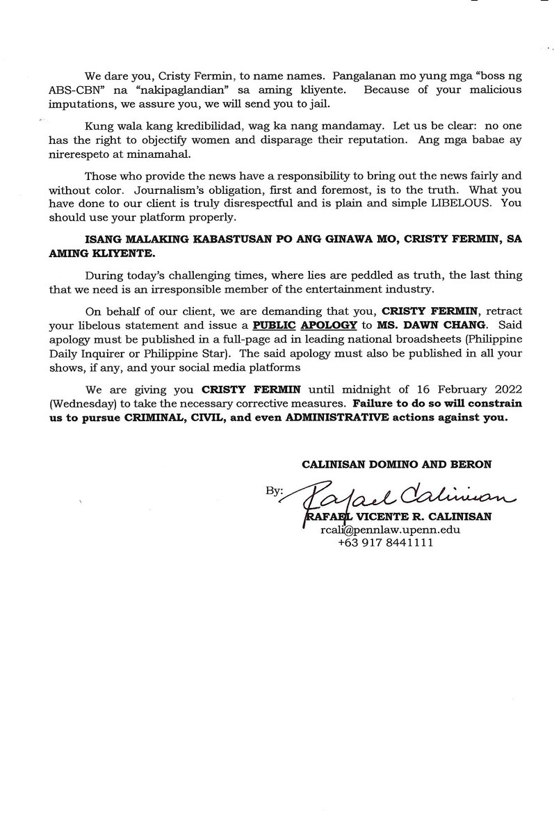 ralph_calinisan's tweet photo. Statement on the Libelous Comment of Cristy Fermin Against Ms. @thedawnchang.  @DZMMTeleRadyo @ABSCBNNews @dzbb @News5PH @QC_News_Today @inquirerdotnet @PhilstarNews @rapplerdotcom @manilabulletin @interaksyon @PEPalerts https://t.co/fEBSOYO8cf