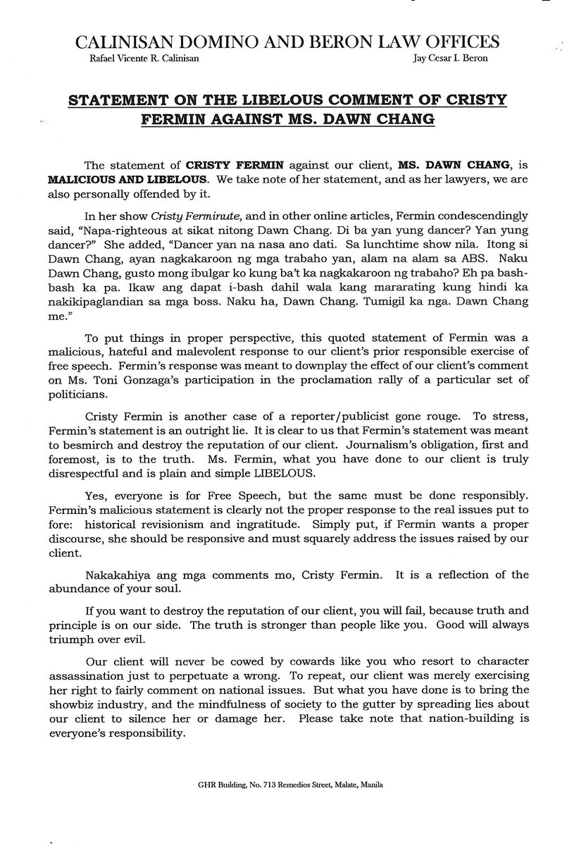 ralph_calinisan's tweet photo. Statement on the Libelous Comment of Cristy Fermin Against Ms. @thedawnchang.  @DZMMTeleRadyo @ABSCBNNews @dzbb @News5PH @QC_News_Today @inquirerdotnet @PhilstarNews @rapplerdotcom @manilabulletin @interaksyon @PEPalerts https://t.co/fEBSOYO8cf