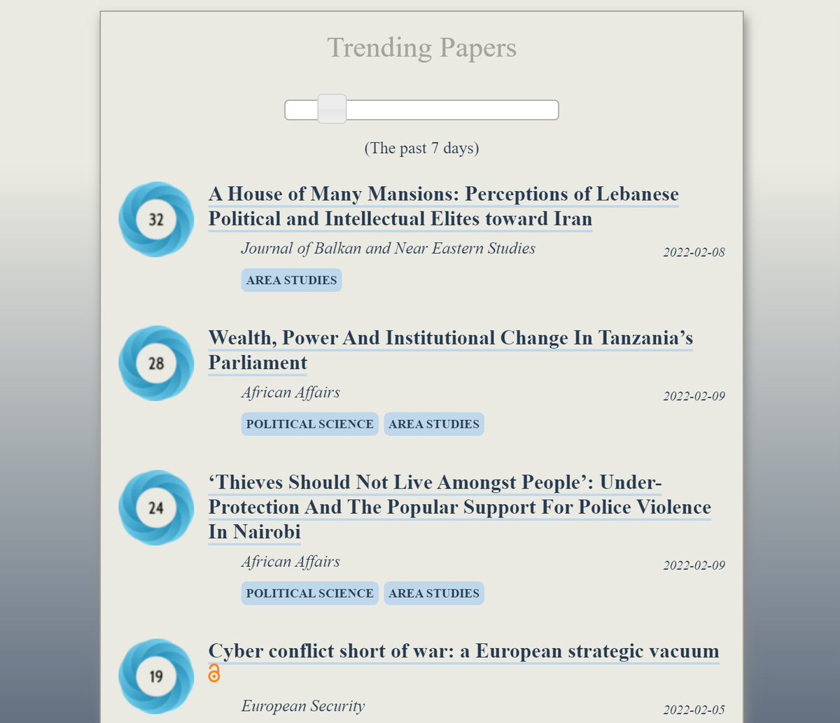 OOIR (@observeir) on Twitter photo Trending in #AreaStudies:
ooir.org/trending.php?d…
1) Perceptions of Lebanese Political & Intellectual Elites toward Iran
2) Wealth, Power & Institutional Change In Tanzania’s Parliament (<a href="/AfrAfJournal/">African Affairs</a>)
3) Under-Protection & Popular Support For Police Violence In Nairobi Trending in #AreaStudies:
ooir.org/trending.php?d…
1) Perceptions of Lebanese Political & Intellectual Elites toward Iran
2) Wealth, Power & Institutional Change In Tanzania’s Parliament (<a href="/AfrAfJournal/">African Affairs</a>)
3) Under-Protection & Popular Support For Police Violence In Nairobi