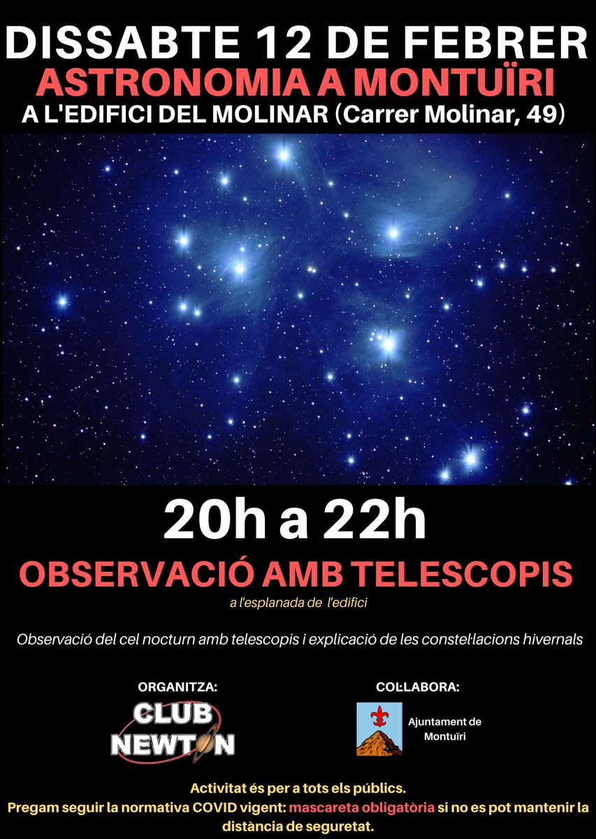 ClubNewton's tweet photo. Us esperem demà dissabte per observar la Lluna de febrer i les constel·lacions hivernals! @ElReplaIB3 @biobalears @AWB_Spain @CienciaBalears @SHNB_BSHNB @FedeAstronomica @Astronomia_mag @SBMXEIX @MultiplexIB3 @territoriocat  @museubcnsoller @ajmontuiri https://t.co/RelVu92MCh