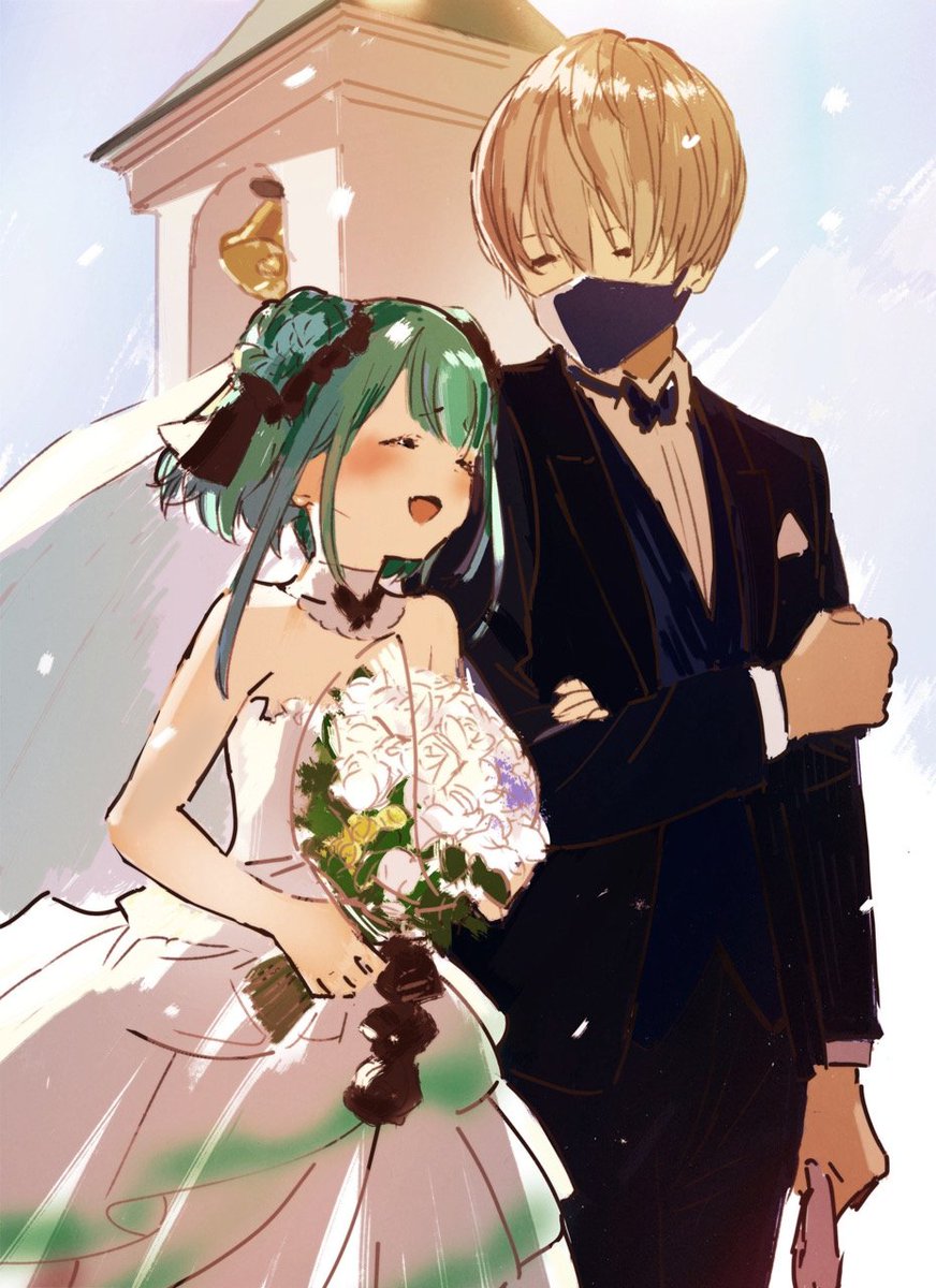 uruha rushia 1girl 1boy dress wedding dress bouquet green hair closed eyes  illustration images