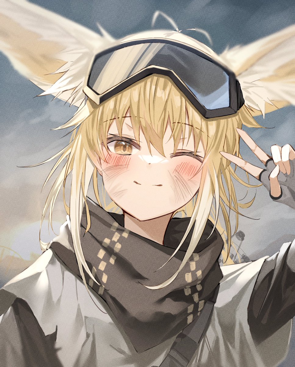 suzuran (arknights) 1girl one eye closed animal ears dirty face solo gloves blonde hair  illustration images