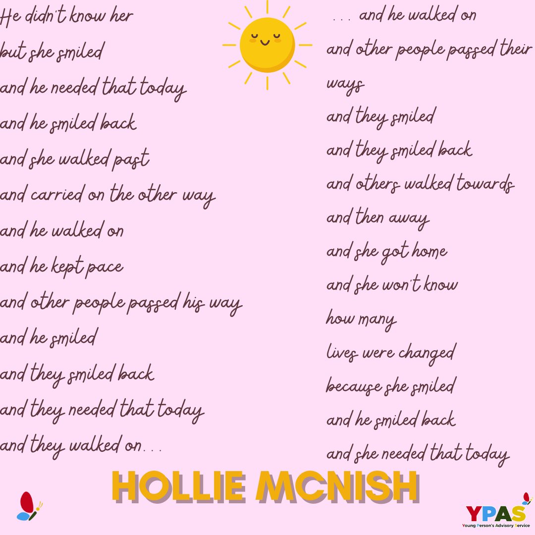 YPASLiverpool's tweet image. Beautiful poem from  @holliepoetry A smile can brighten a person day in ways you may not know. Smiling at another person can have a ripple effect, not only improving your own health but creating well-being in others. #smilingiscontagious #wellbeing #happyfriday #socialconnection