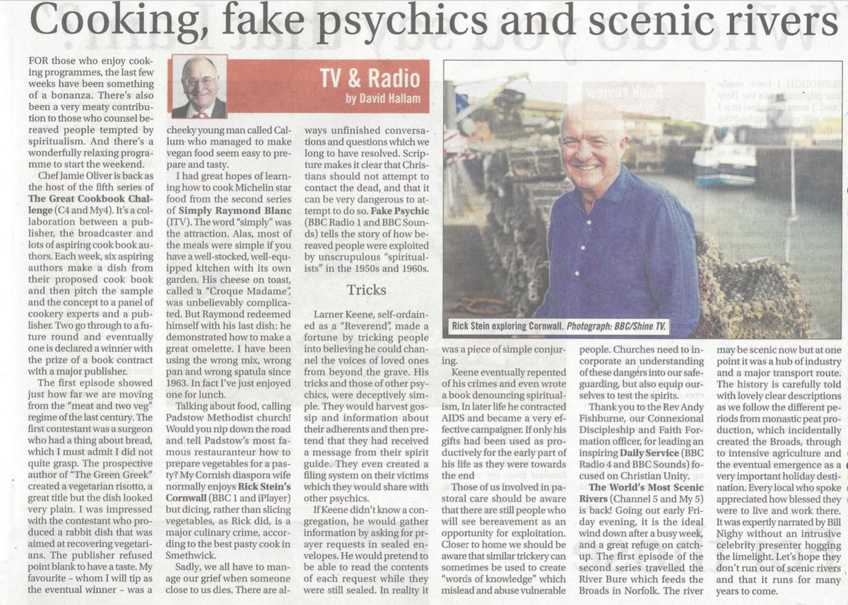 DJAHallam's tweet image. My TV and radio column in this week's @MethRecorder: cookbooks, omelettes, pasties, exploitative fake psychics, and the world's most scenic rivers. Name checks for @JamieOliver, @raymond_blanc, with  @rick_stein put right about his "Cornish" pasties.