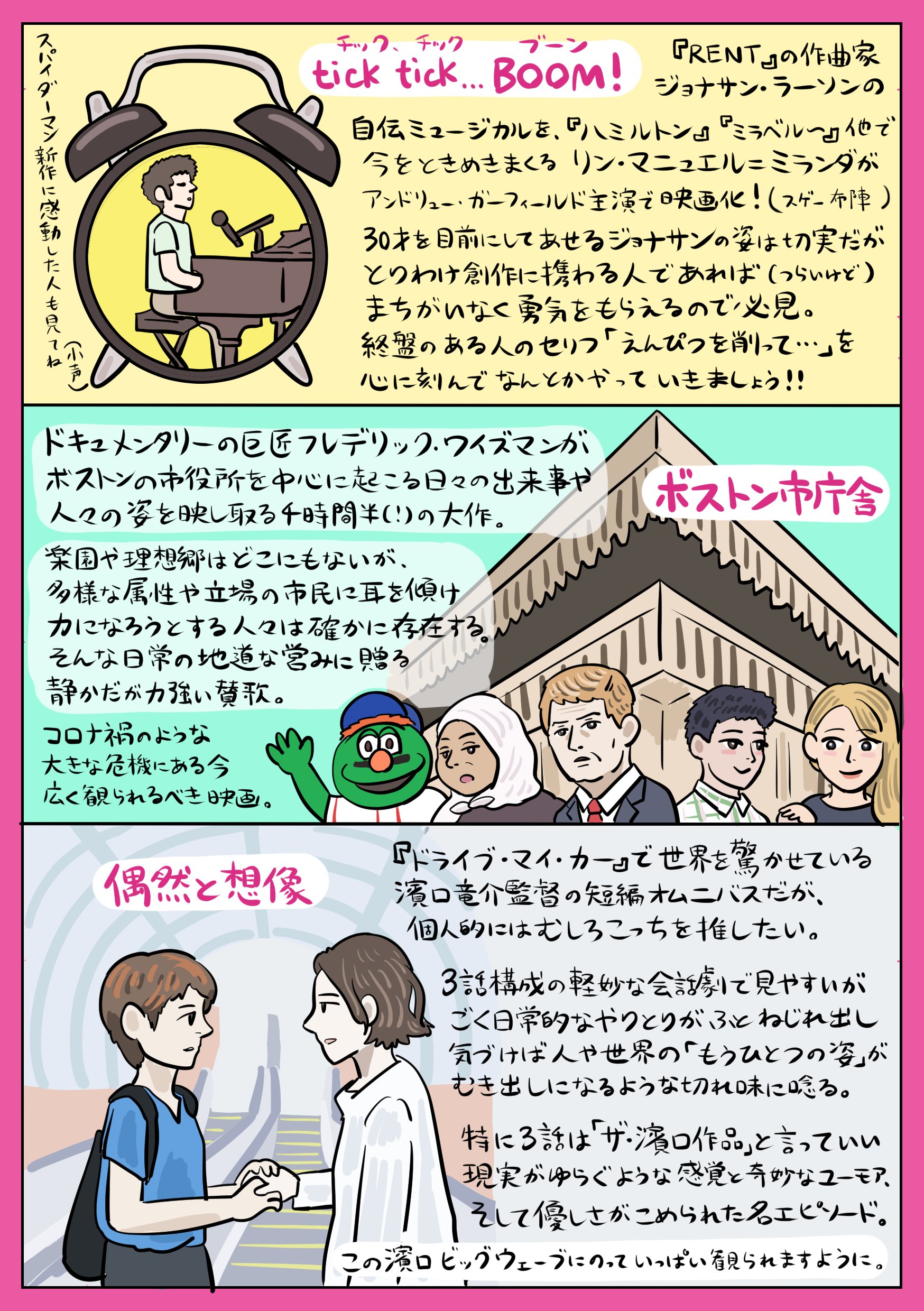 ぬまがさワタリ ゆかいないきもの超図鑑 ３ ８発売 今年は 新刊作業に忙殺されて 遅くなってしまいましたが毎年恒例 21年映画ベスト10 イラストです 未曾有の危機の中で劇場公開してくれた ありがたき映画たち 鑑賞数108本 から これぞ と思う