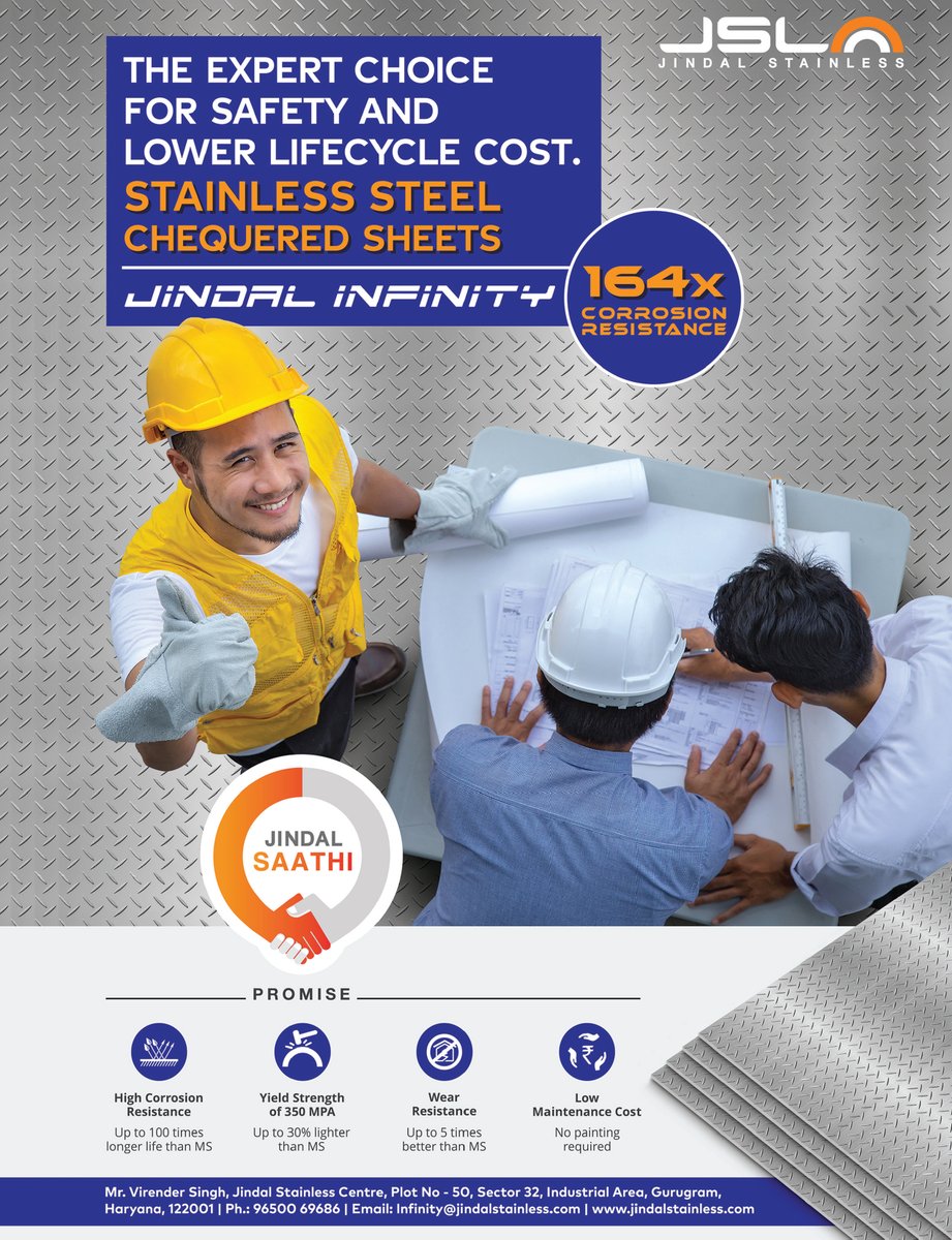 cecr_live's tweet photo. Jindal Stainless - The expert choice for safety and lower life cycle cost.
For more information, visit: https://t.co/4b3VSiJLaq
@Jindal_Official
#JindalStainless #stainlesssteel #chequeredsheets #jindalinfinity #construction #infrastructure #steel #jindalsathi https://t.co/NC20roQ1jp