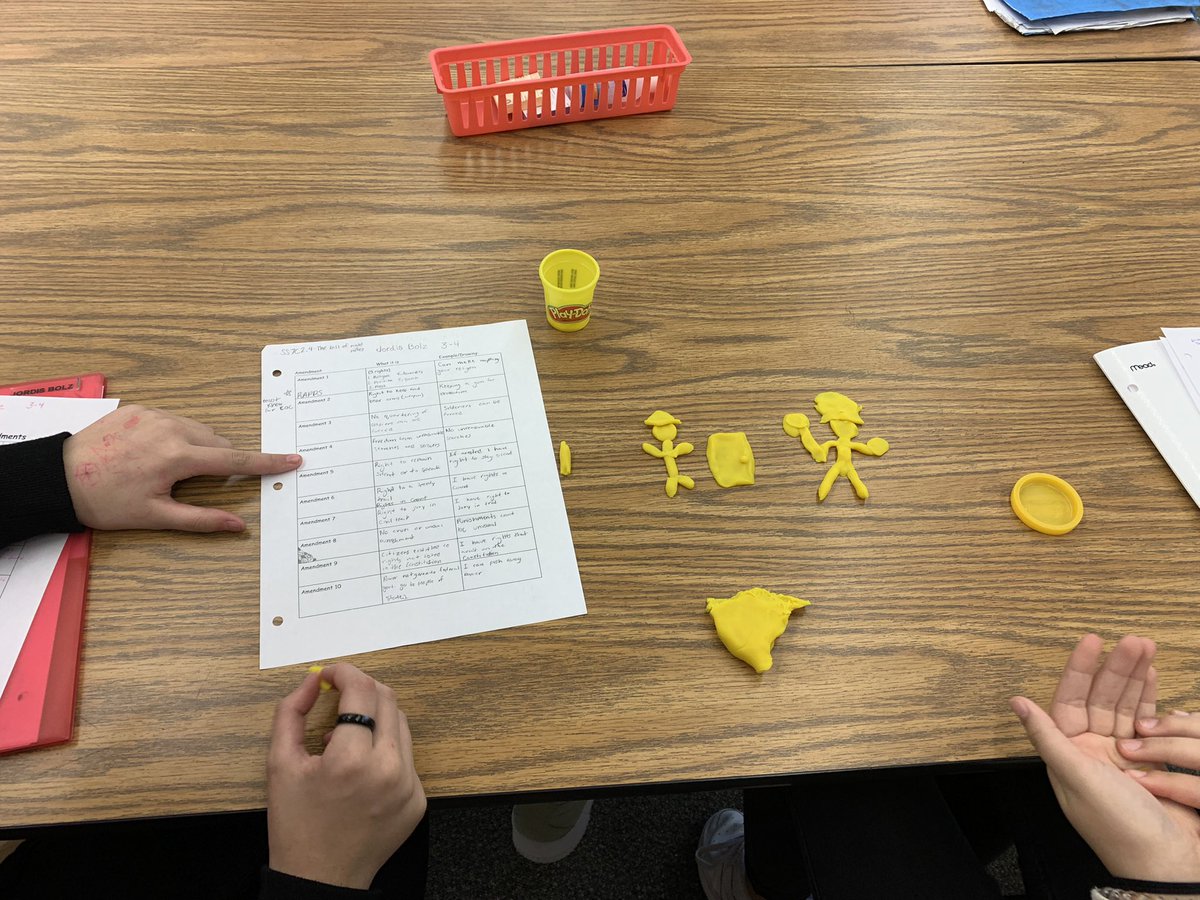 JaclynHolimon's tweet photo. Bill of Rights and later amendments “Battle of the Play-Doh” with a gallery walk! #SS7C 2.4 and 3.7. #SIOP @LeeSchools @SSChatNetwork https://t.co/i65keJOKau