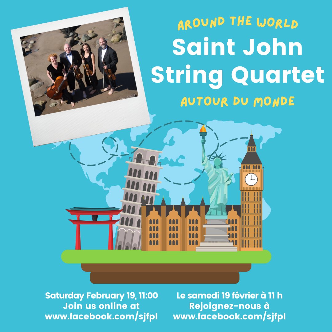 Biblio publique de Saint John Free Public Library (@saintjohnfpl) on Twitter photo Travel around the 🌎 with the Saint John String Quartet! Join us in-person or on Facebook Live on Saturday, February 19 @ 11:00am!
fb.me/e/1XzytT8er
Parcourir le 🌎 avec le <a href="/SJStringQuartet/">SJStringQuartet</a> ! Rejoignez-nous à la biblio ou sur Facebook Live le samedi 19 février à 11 h! Travel around the 🌎 with the Saint John String Quartet! Join us in-person or on Facebook Live on Saturday, February 19 @ 11:00am!
fb.me/e/1XzytT8er
Parcourir le 🌎 avec le <a href="/SJStringQuartet/">SJStringQuartet</a> ! Rejoignez-nous à la biblio ou sur Facebook Live le samedi 19 février à 11 h!