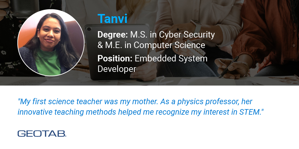 InsideGeotab's tweet photo. Today, we would like to highlight a few of our #Geotabbers who studied and currently work in #STEM at @GEOTAB. Their experiences and advice speak volumes to all women who continue to give this day meaning! https://t.co/YKdd2MTGui