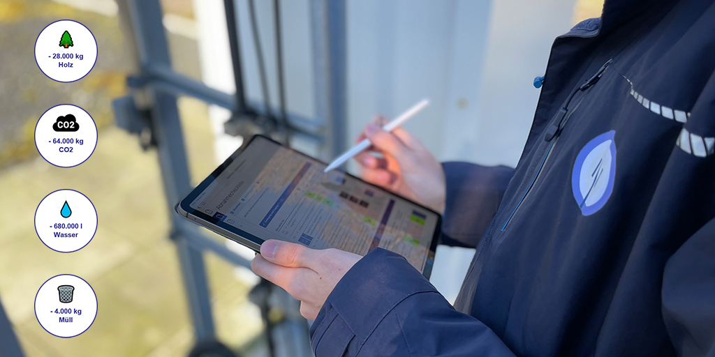 dfmg_de's tweet photo. Wir reduzieren unseren Papierverbrauch und setzen auf digitale Alternativen. Dank @DocuSign und #HybridForms verwalten wir fast alle Verträge digital und führen Standortabnahmen mit Tablet durch. Seit 2020 haben wir Holz, Wasser, CO2-Emissionen & Abfall eingespart. #DFMGreen https://t.co/gACCV67tEG