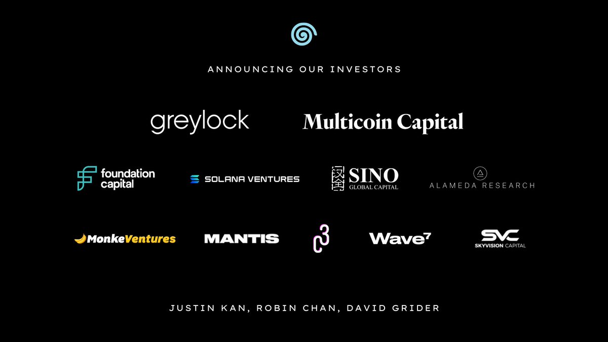 We are very excited to announce our $5M seed raise led by <a href="/GreylockVC/">Greylock Partners</a> along with participation from @multicoincap <a href="/FoundationCap/">Foundation Capital</a> <a href="/SolanaVentures/">Solana Ventures</a> @SinoGlobalCap <a href="/AlamedaResearch/">Alameda Research</a> <a href="/cultur3capital/">cultur3</a> <a href="/mantisVC/">MANTIS</a> @wave7 <a href="/MonkeVentures/">MonkeVentures</a> <a href="/SkyVisionCap/">SkyVision Capital</a> <a href="/justinkan/">Justin Kan</a> <a href="/robinchan/">Robin Chan ❄️</a> <a href="/David_Grid/">David Grider</a> (1/3)