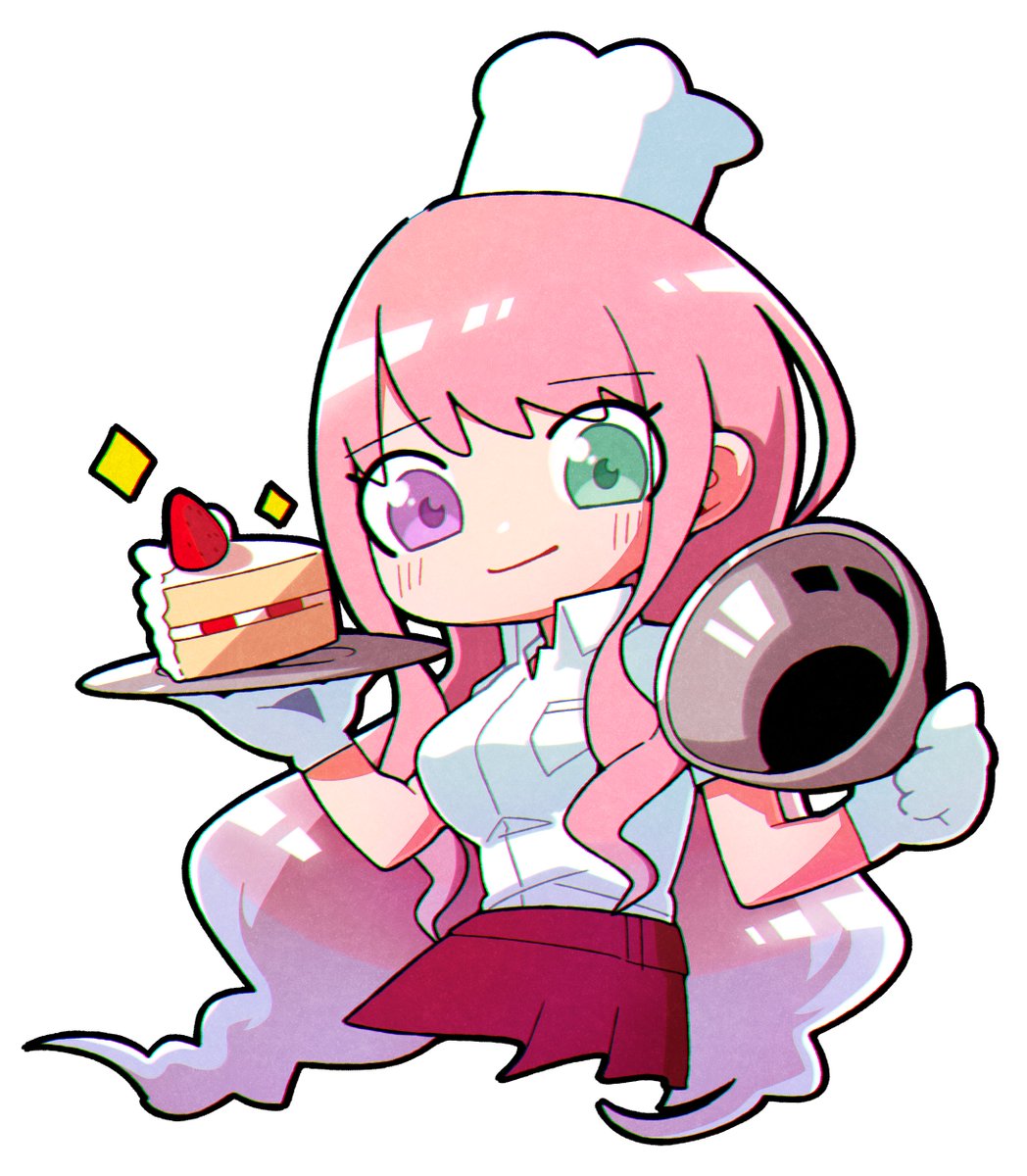 1girl pink hair heterochromia cake solo long hair food  illustration images