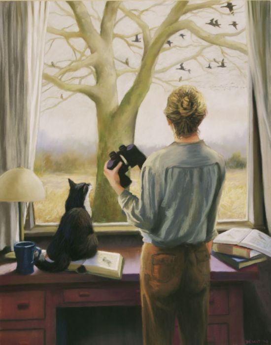 JimBeattie18's tweet photo. I just couldn't resist returning to the work of Deborah Dewitt. I think this is just as good if not better than yesterday's painting. It certainly has the same velvety texture and another compelling scene. This is Watching Birds and the little cat is still here. Fabulous! https://t.co/TbuwYG0FsH