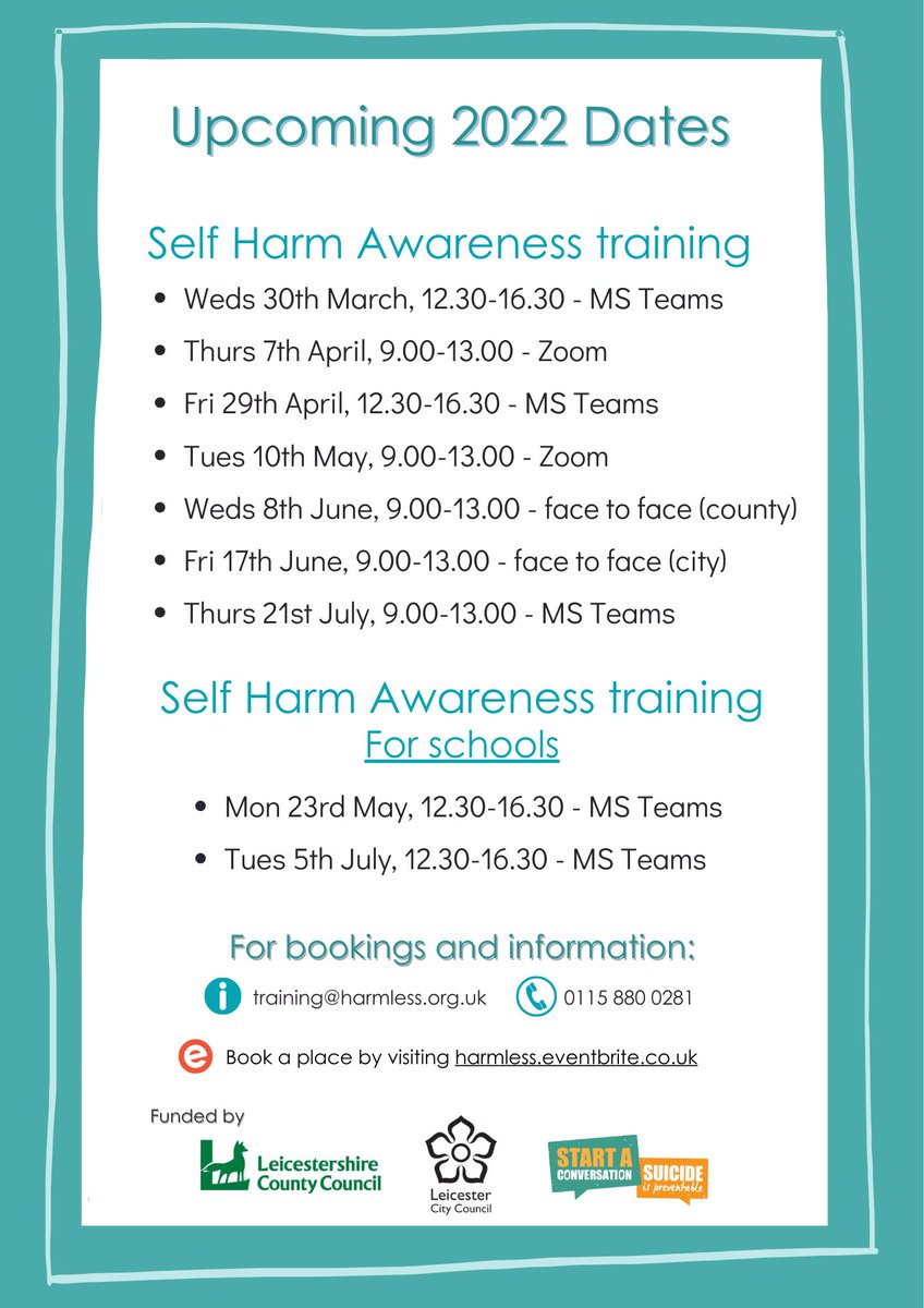HarmlessAcademy's tweet image. We have some great news📣
Very pleased to announce we're running funded 

🖥️Self Harm Awareness training online 
for #Leicester #Leicestershire #Rutland workers
If that's you, sign up &amp;amp;join us in #March - it's #free 
🔜Wed 30th March, 12:30-4:30 
Book now: eventbrite.co.uk/e/leicester-le…