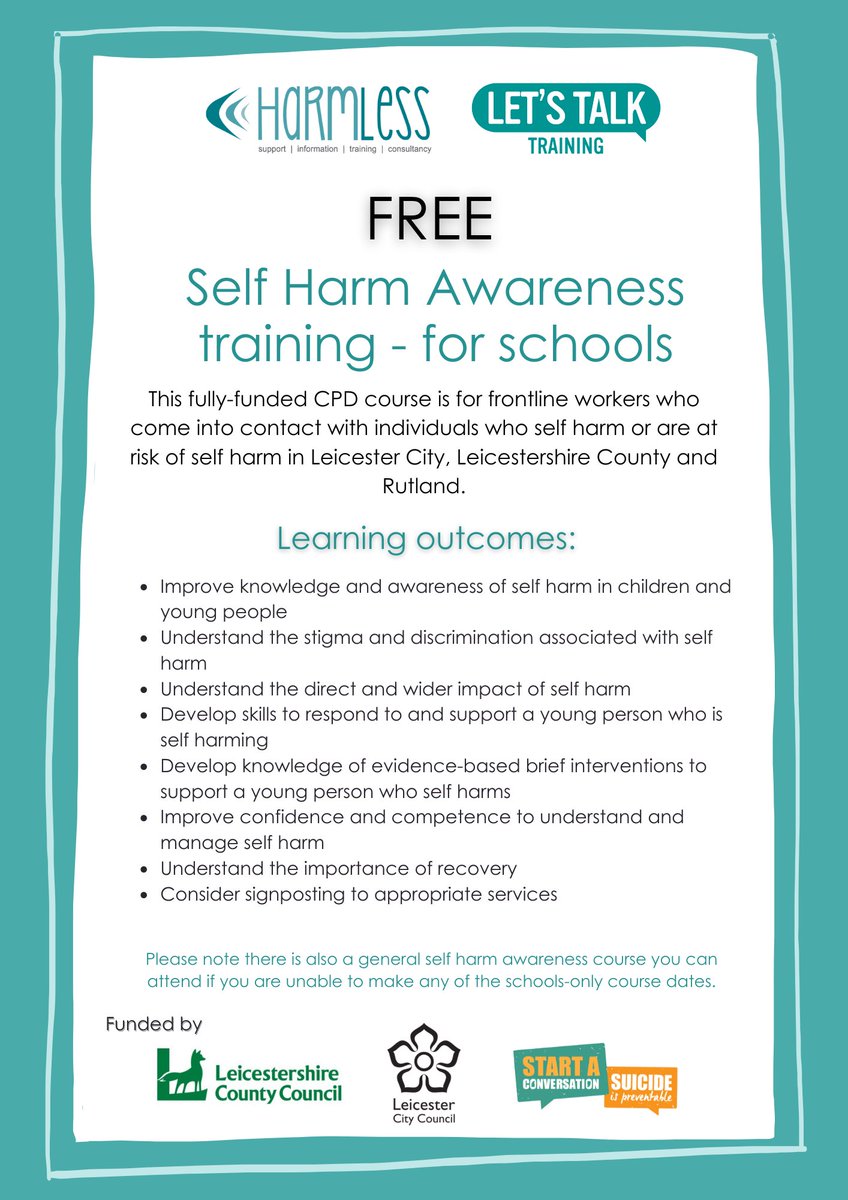 HarmlessAcademy's tweet image. We have some great news📣
Very pleased to announce we're running funded 

🖥️Self Harm Awareness training online 
for #Leicester #Leicestershire #Rutland workers
If that's you, sign up &amp;amp;join us in #March - it's #free 
🔜Wed 30th March, 12:30-4:30 
Book now: eventbrite.co.uk/e/leicester-le…