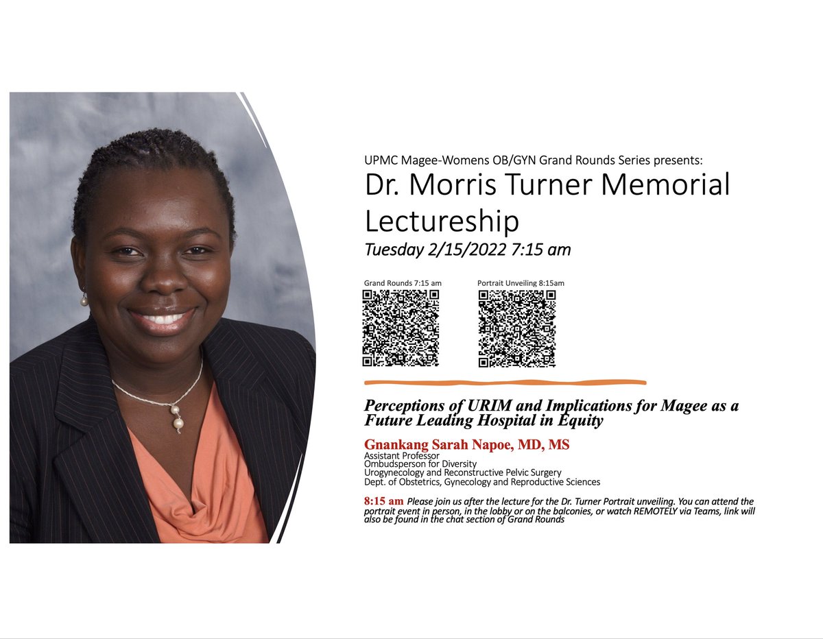 MageeUroGyn's tweet photo. Our outstanding Urogynecology faculty and Ombudsperson for diversity, @SarahNapoe is presenting the Dr. Morris Turner Memorial lectureship next week on perceptions of URIM and Implications for @MageeWomens as a future leading hospital in equity. Incredible work, Dr. Napoe! https://t.co/xAwUmQlLu0