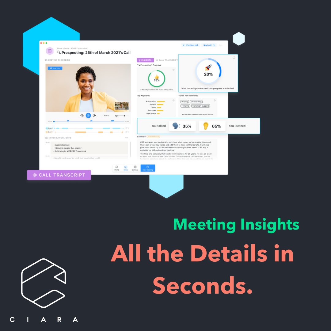 getciara's tweet photo. Meetings can be recorded, transcribed, and summarized into meaningful, simple to understand insights.

Identify decision makers, pain points, and next steps in seconds, &amp; win the next meeting.

#meetingintelligence #saas #insidesales #virtualmeetings #zoom #salestech https://t.co/oeCzDACLok