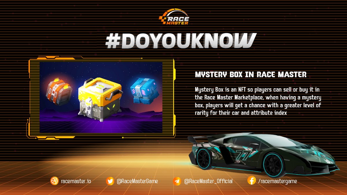 🔥 Are you curious about Race Master Mystery Box?
🤩 Mystery Box is an NFT so players can sell or buy it in the RM Marketplace, when having a mystery box, players will get a chance with a greater level of rarity for their car and attribute index
#hiddenGem #GameFi #racemaster